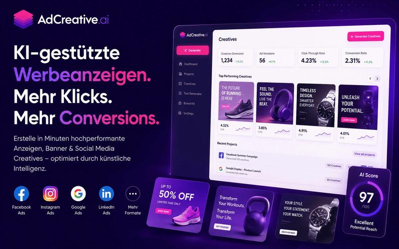 AdCreative.ai Dashboard für KI-generierte Werbeanzeigen und Social Media Creatives