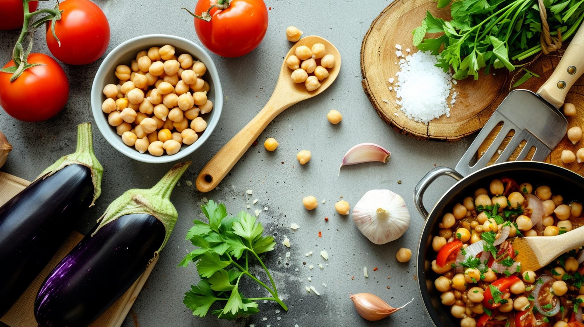 Fresh cooking ingredients including chickpeas, tomatoes, eggplants, garlic, and herbs, with a pan of sautéed chickpeas.