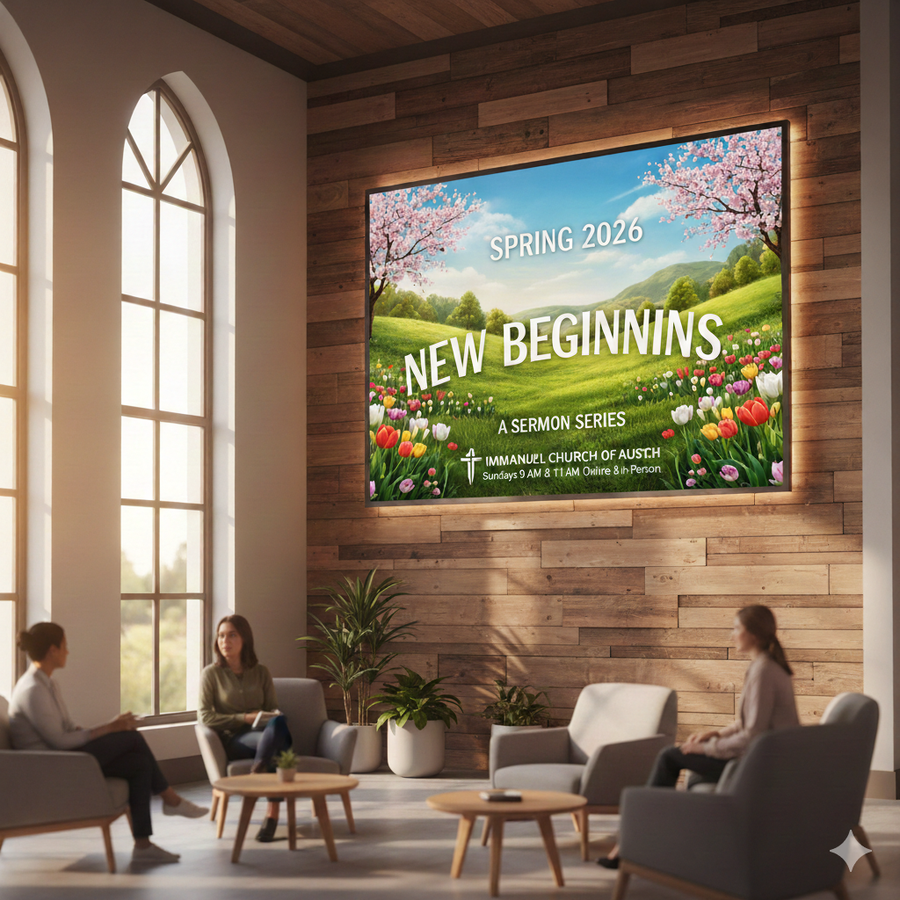 Three people sitting in a circle of chairs with digital signage for a sermon series in the background.