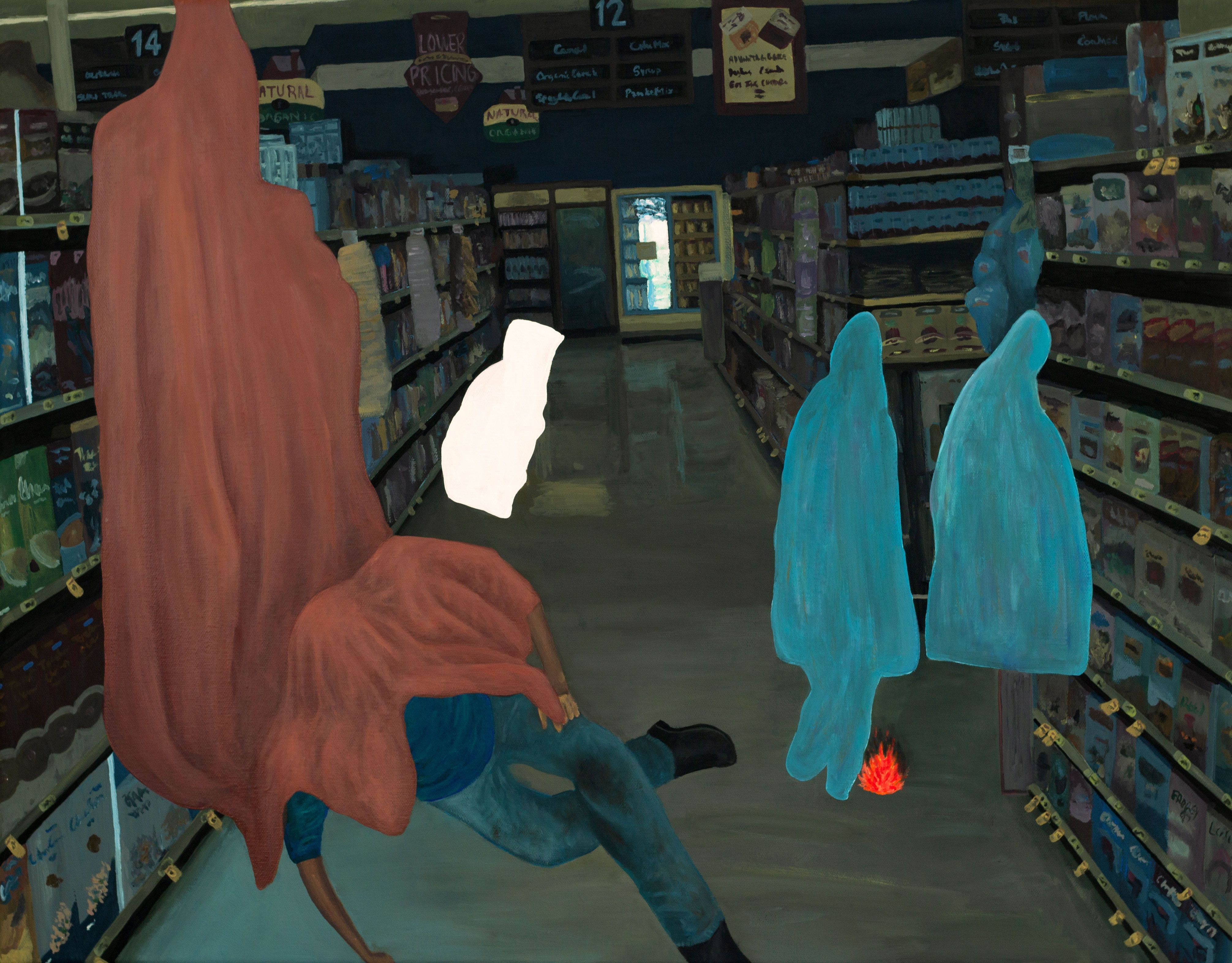 Artwork depicting a scene in a grocery store.