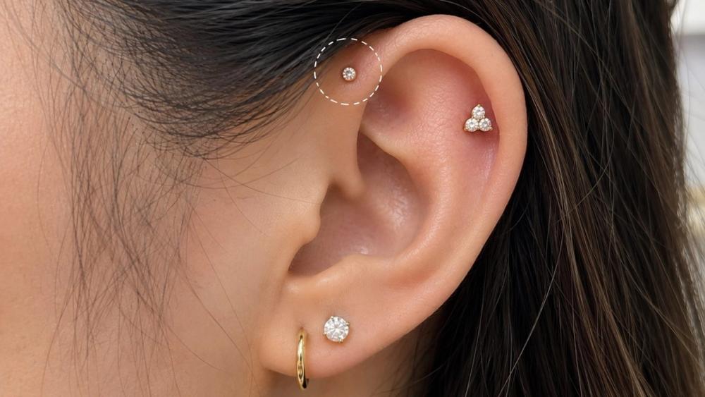 Close-up of an ear showing a forward helix piercing stud at the front curve of the upper cartilage, with lobe and flat piercings visible Close-up of an ear showing a forward helix piercing stud at the front curve of the upper cartilage, with lobe and flat piercings visible
