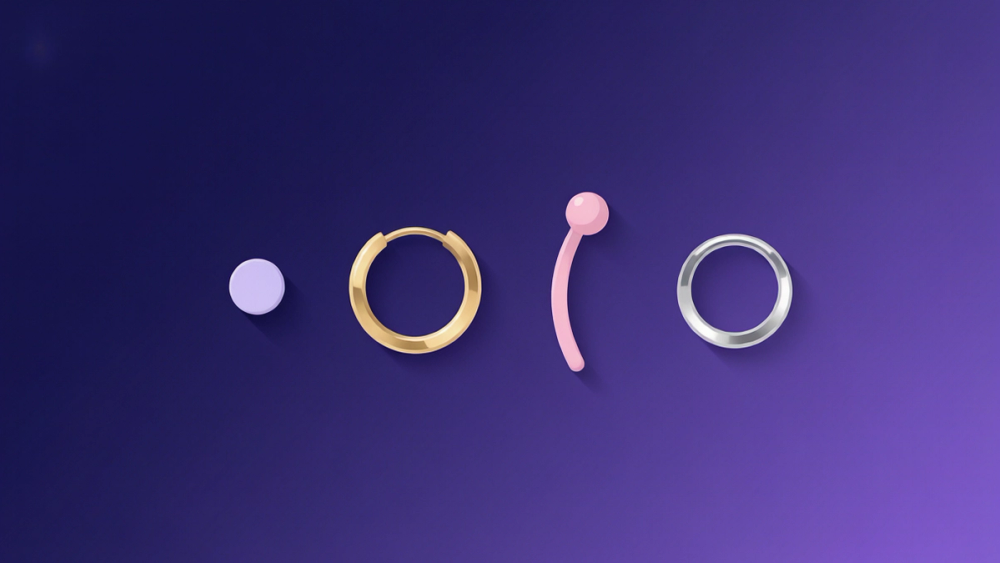 A selection of earring jewelry types representing different ear piercings on an indigo-to-violet gradient background. A selection of earring jewelry types representing different ear piercings on an indigo-to-violet gradient background.