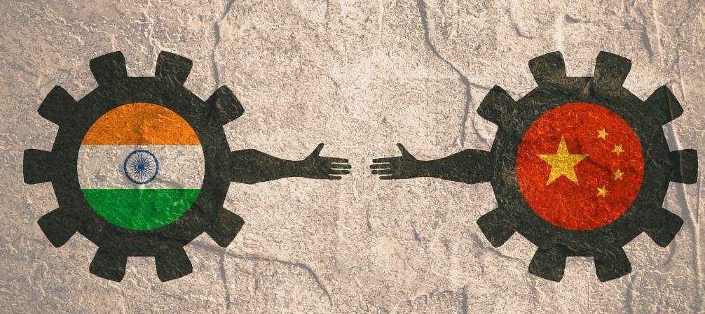 Picture of Indian Flag & Chinese flag in form of reaching out hands