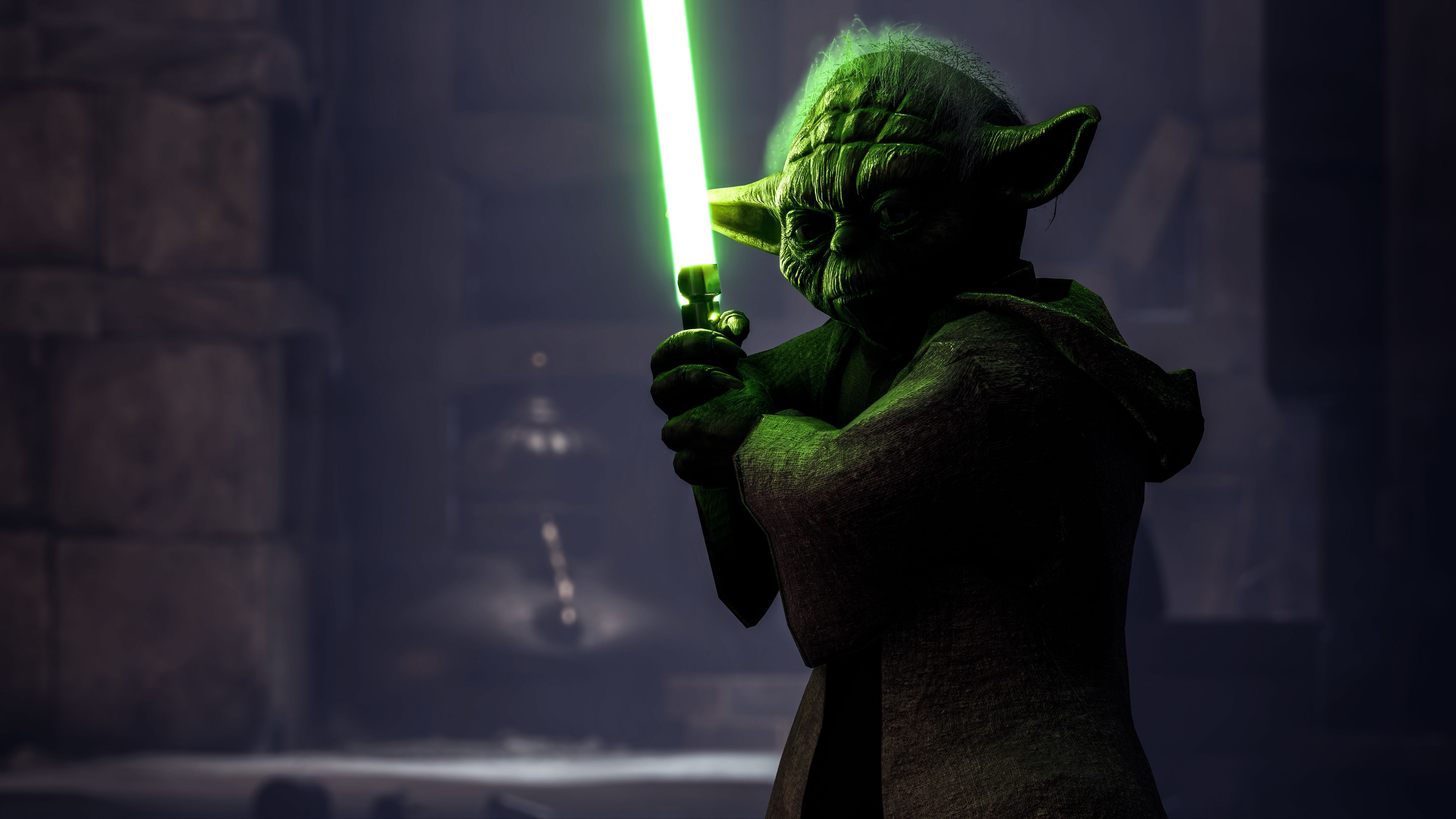 Yoda holding a green light saber.