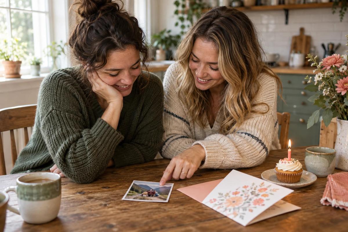 Friends recalling a shared memory over old photos and a birthday card