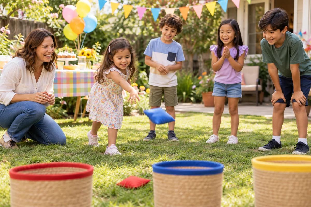 裏庭の誕生日会で年齢の異なる子どもたちが協力して遊ぶ様子