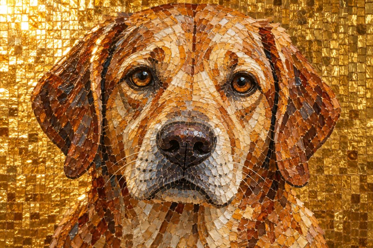 Dog portrait made from irregular glass mosaic tiles