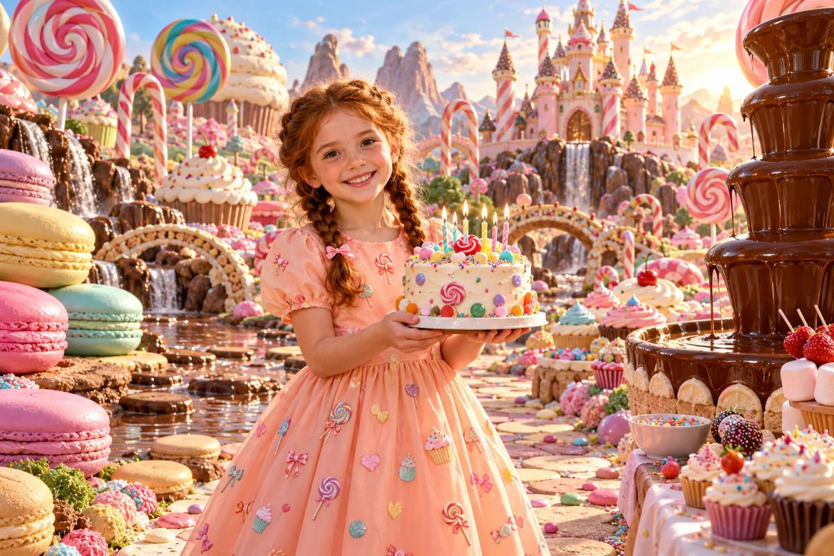 色鮮やかなお菓子の世界で誕生日ケーキを持つ女の子