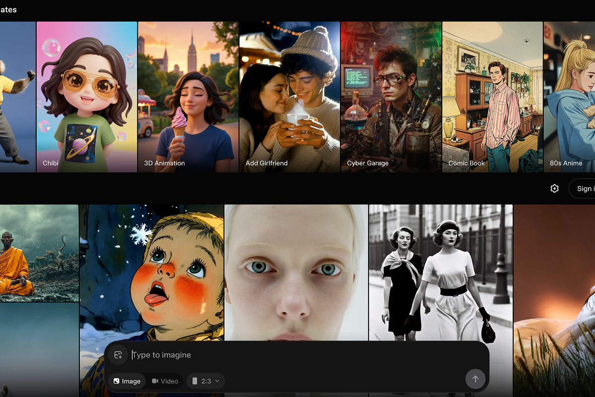 Grok AI interface with image generation templates and creative content gallery 