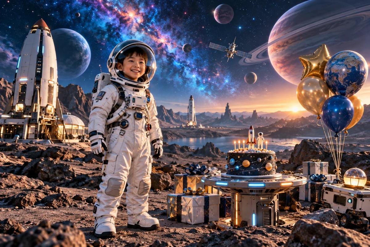 Boy in an astronaut suit celebrating his birthday on a fantasy planet