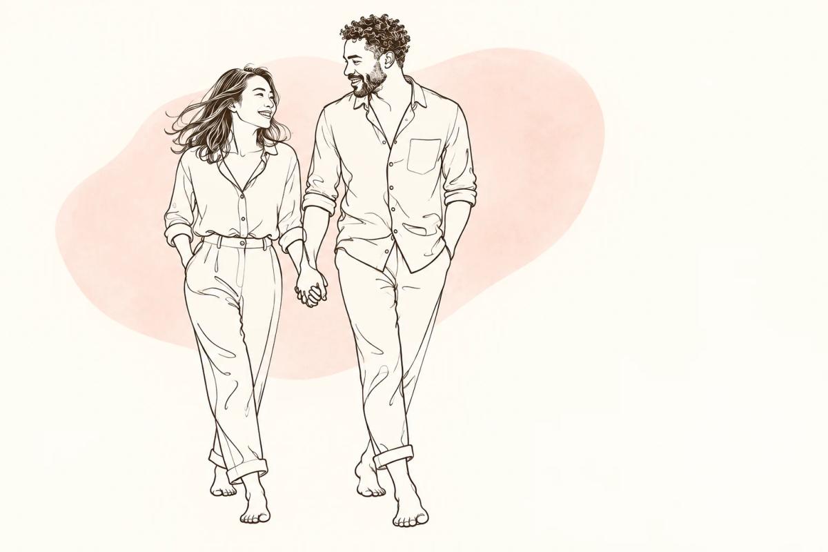 ภาพวาดลายเส้นมินิมอลของคู่รักจับมือกัน