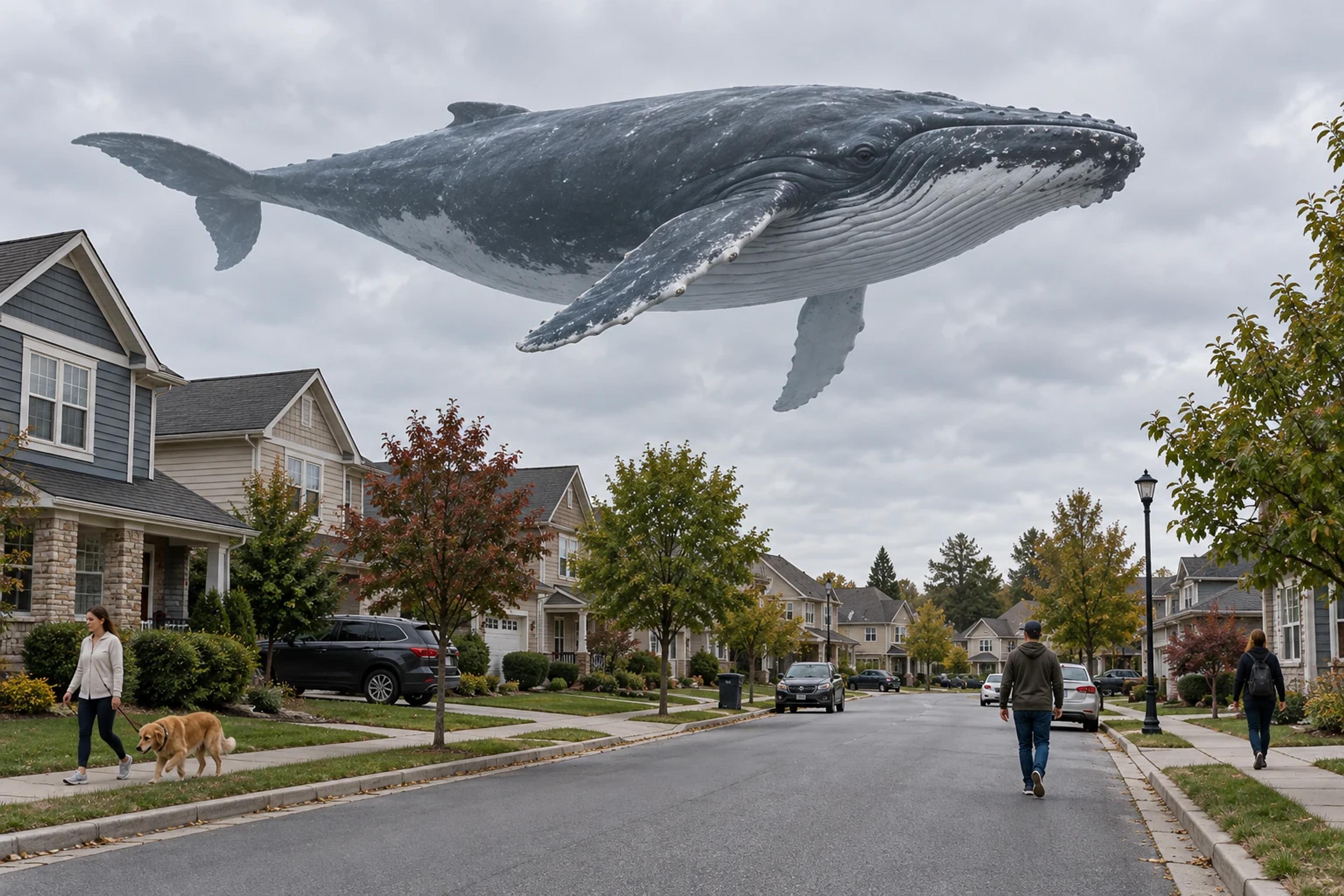 Full-size whale floating above an ordinary suburban street