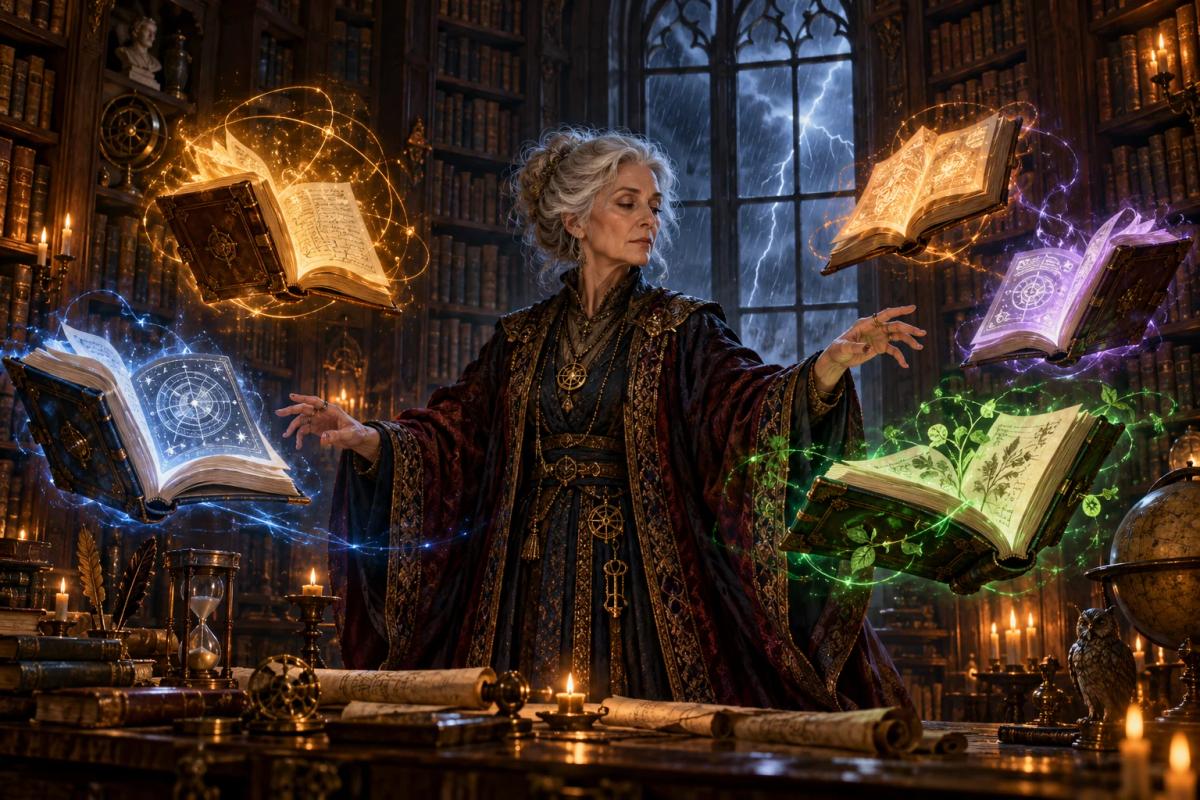 Elderly mage surrounded by glowing books in a storm-darkened library