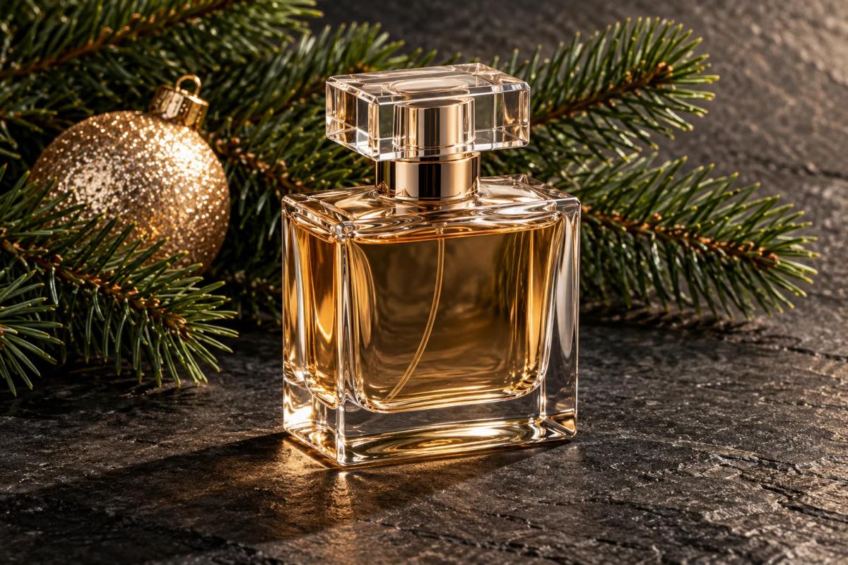 زجاجة عطر بلا علامة تجارية على حجر داكن مع أغصان صنوبر وزينة لعيد الميلاد