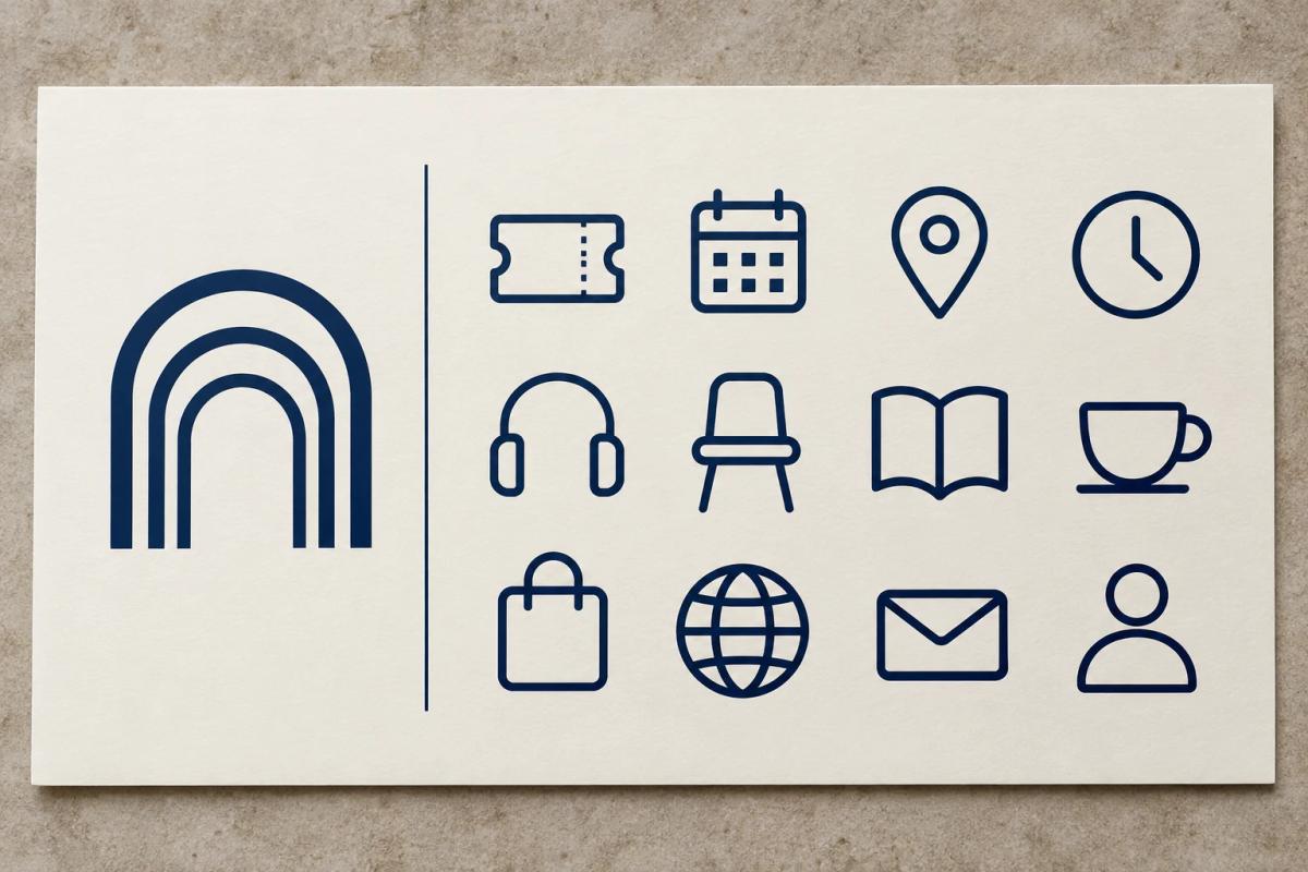 Consistent monoline icons arranged on an iconography style sheet