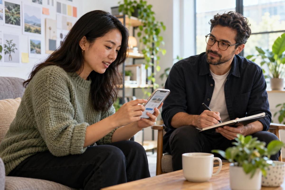 Participant testing a mobile prototype while a researcher takes notes