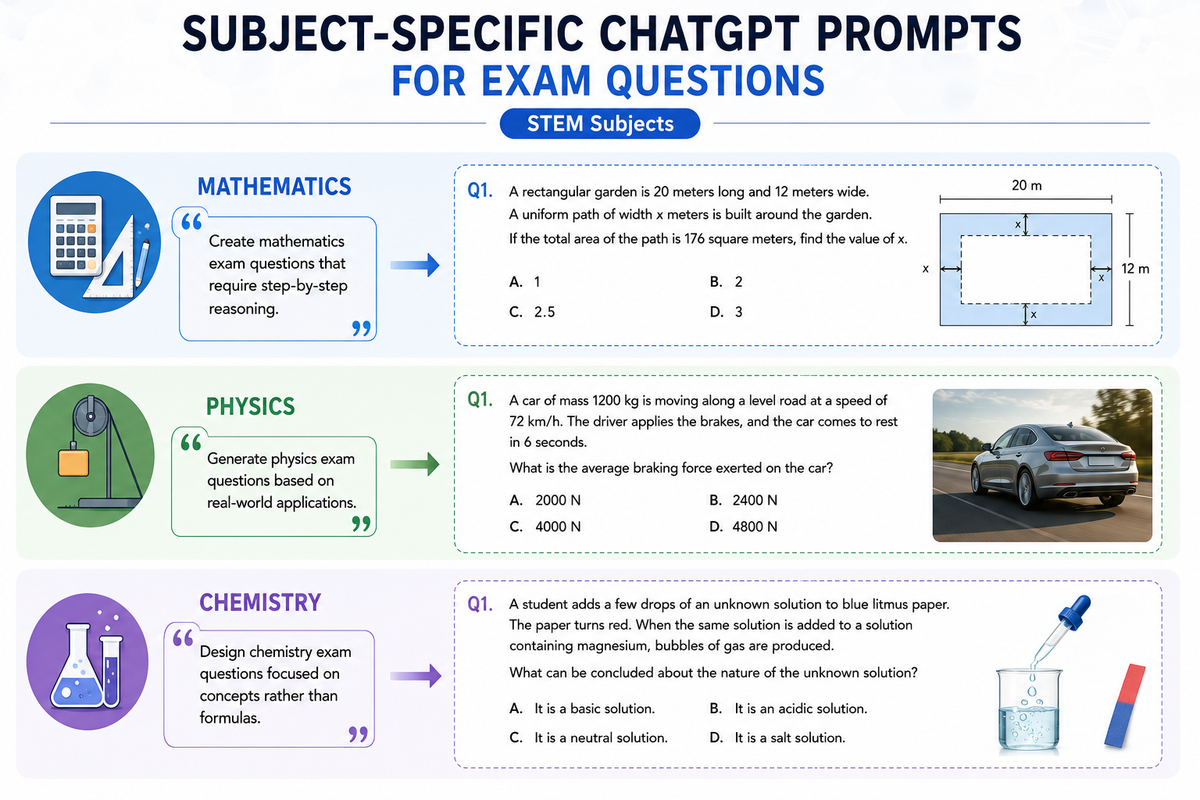 Subject-specific exam questions across maths, science and humanities