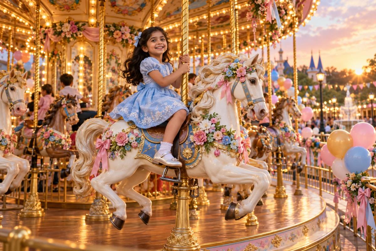 Girl riding a flower-decorated carousel at her birthday celebration