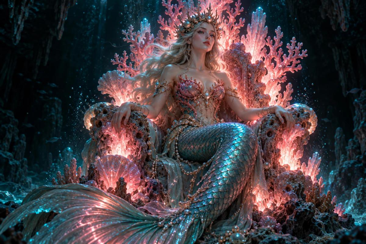 Mermaid queen on a glowing coral throne in a dark underwater cavern