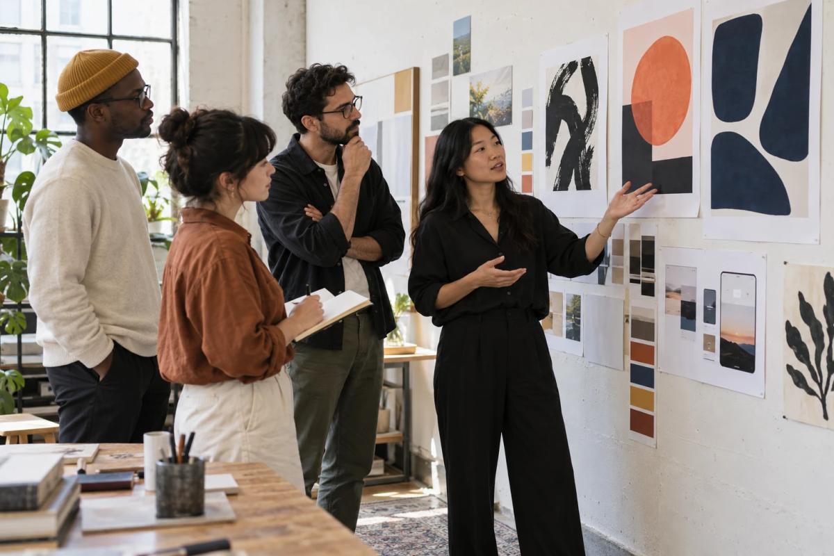 Design team discussing poster and interface drafts during a critique