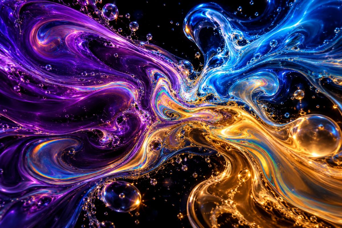 Iridescent violet, blue and gold fluids on a black background