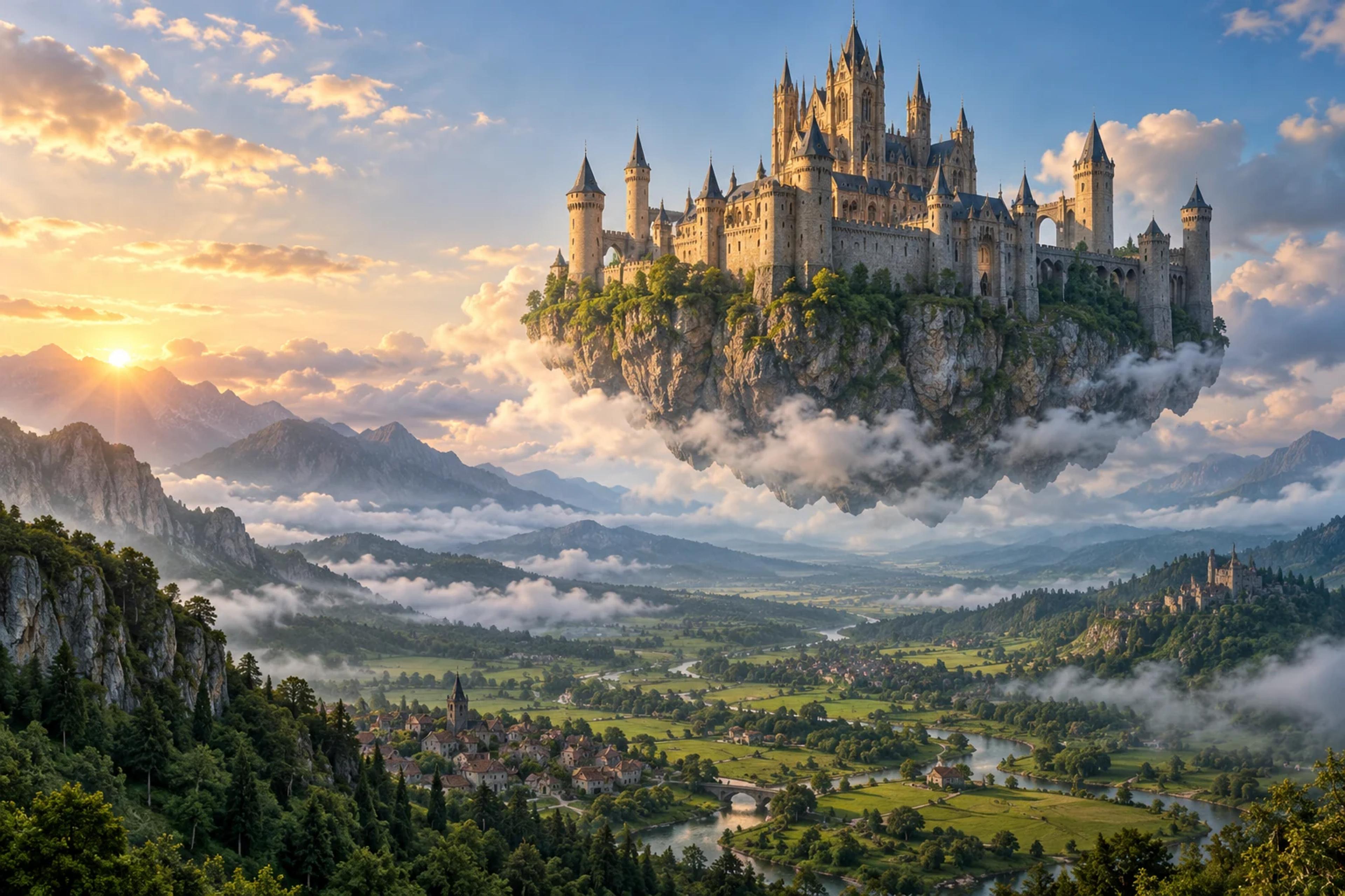 An ancient castle floats above a misty green valley and a small village