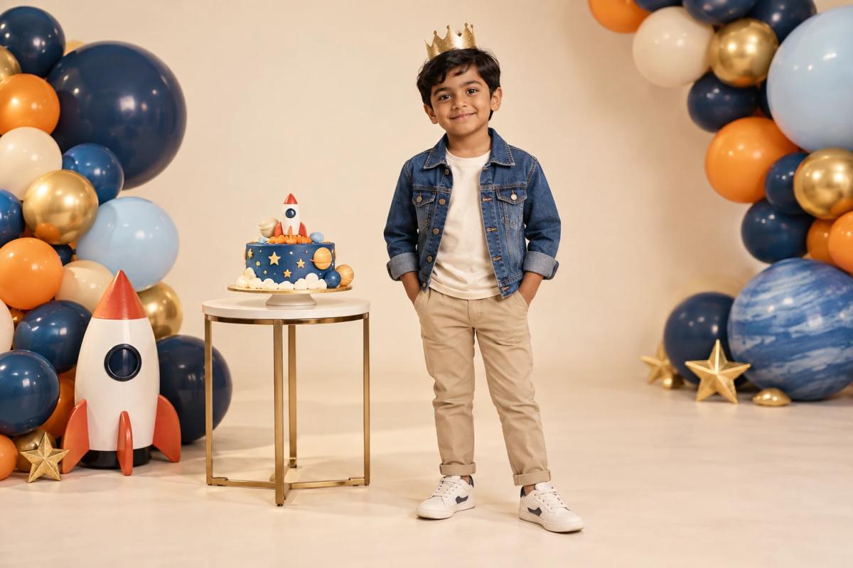 Boy wearing a party crown at a balloon-decorated birthday studio photoshoot