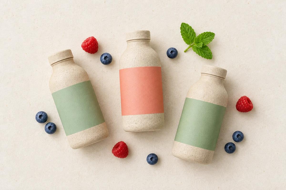 Pastel paper bottles arranged with berries and mint on a cream background