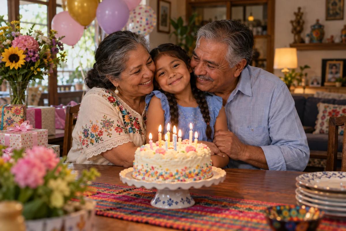 Grandparents hugging a child beside a birthday cake
