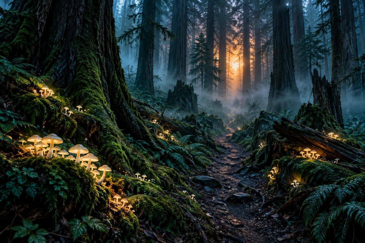 Glowing mushrooms along a misty path in an enchanted forest