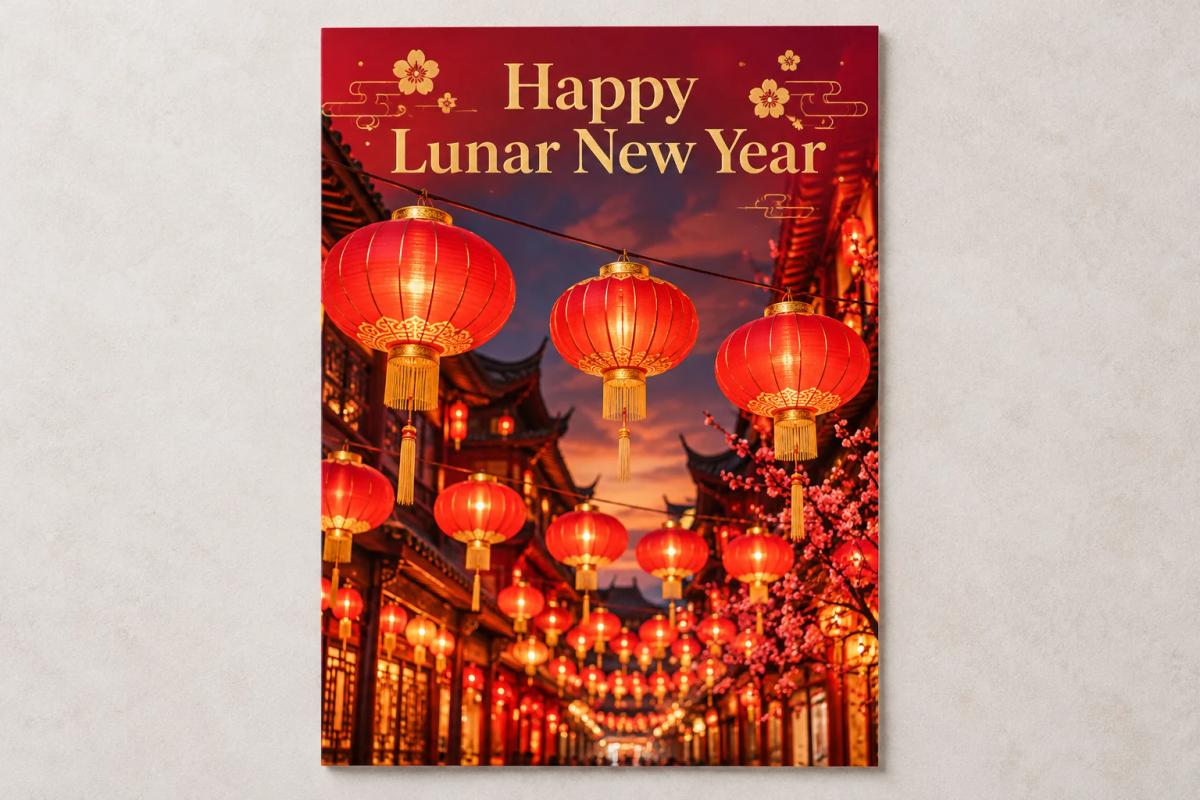 红灯笼与金色文字的农历新年贺卡