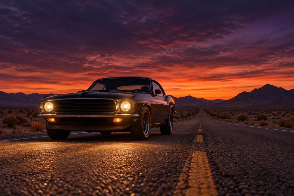 Cinematic car on an empty desert road at dusk