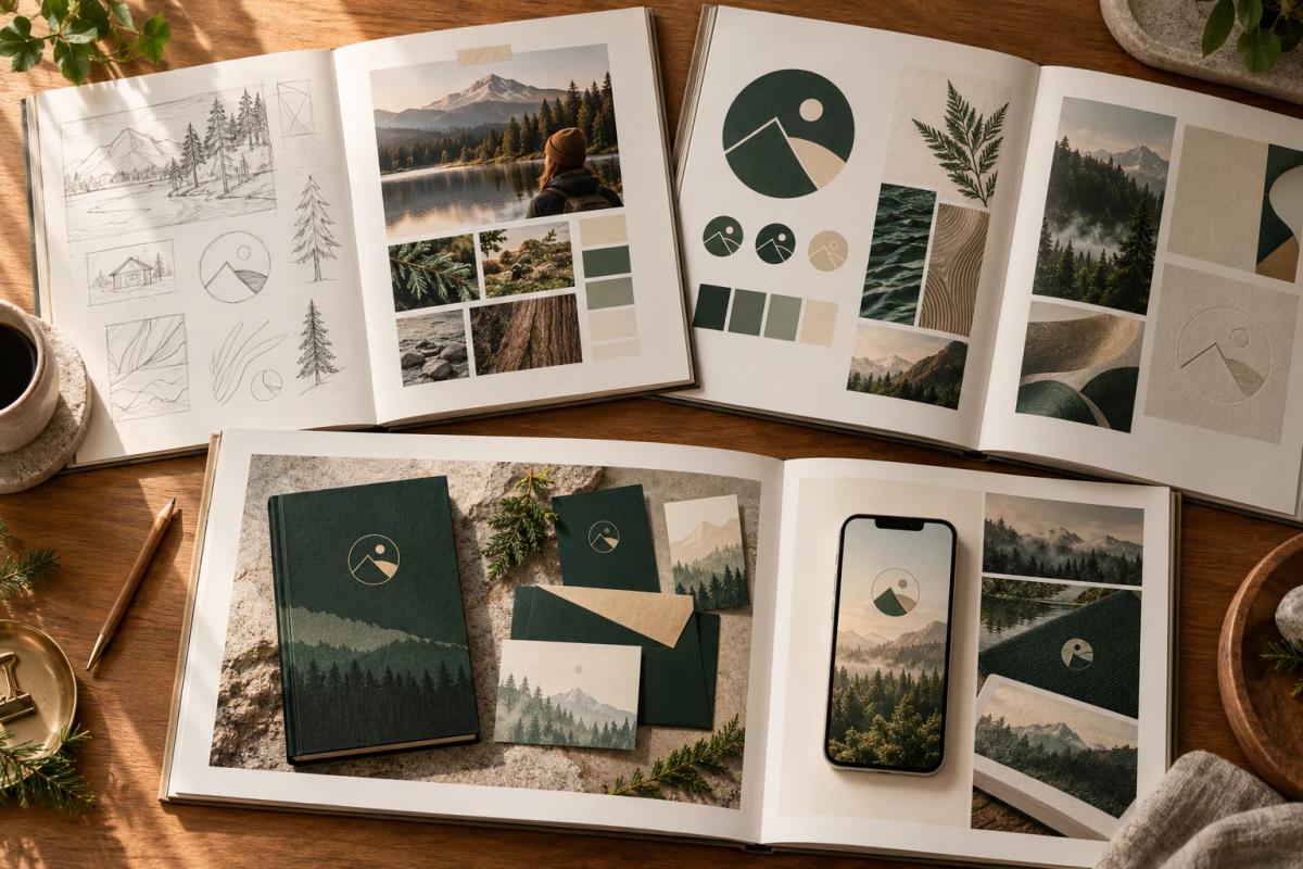 Portfolio case study spreads showing sketches, identity and final applications