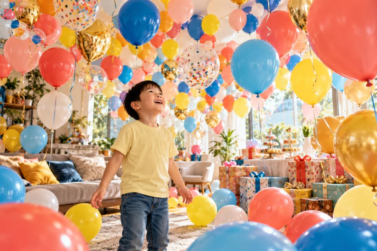 Child surrounded by colourful balloons at a birthday party