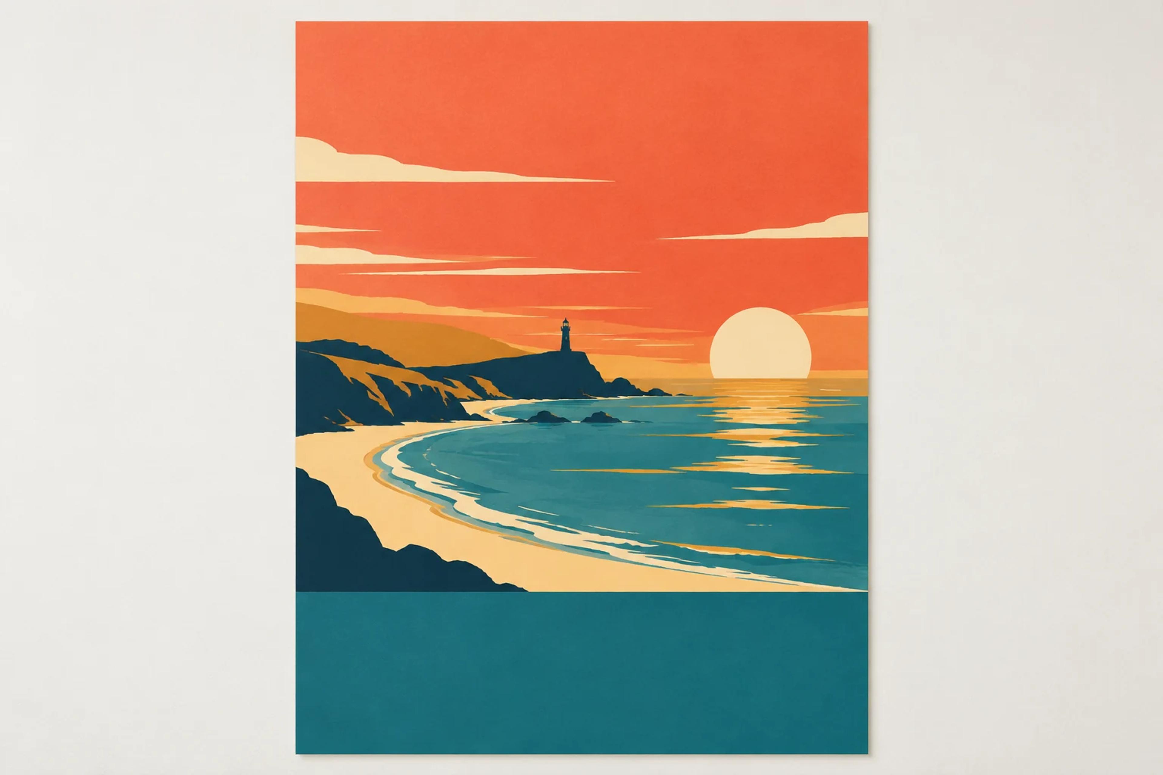 AI poster prompts: Mid-century coastal travel poster with a lighthouse and flat orange sun
