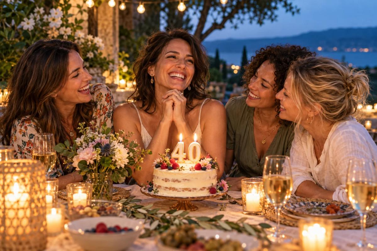 庭でケーキを囲み40歳の誕生日を祝う友人たち