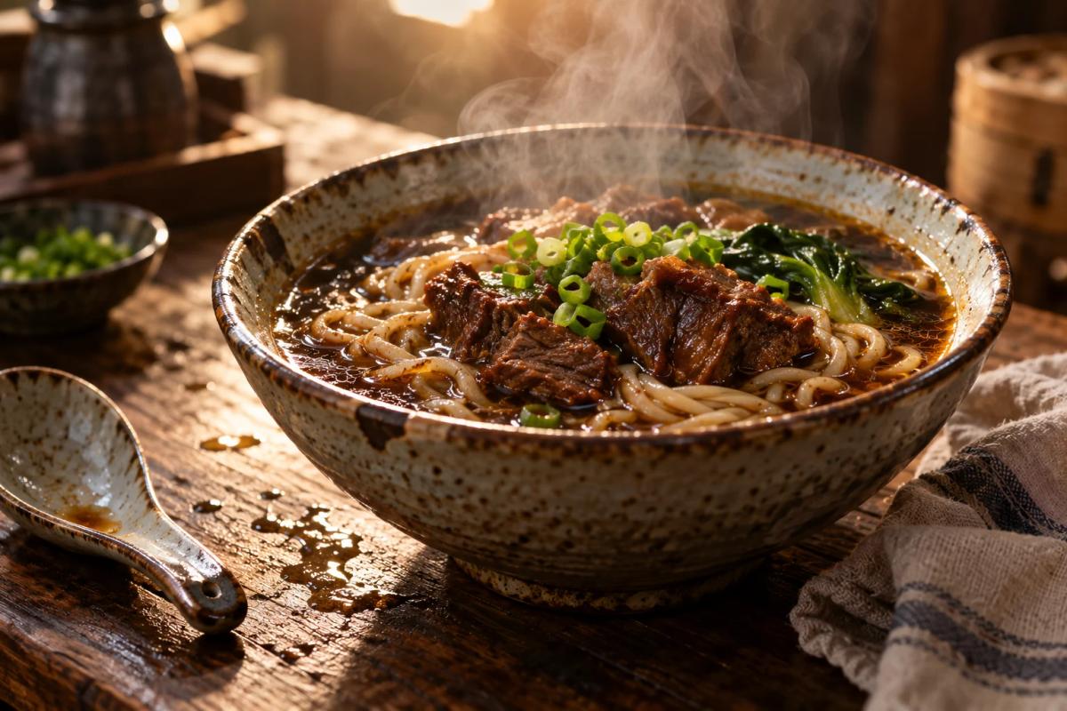 Steaming bowl of dark broth noodles with green onions