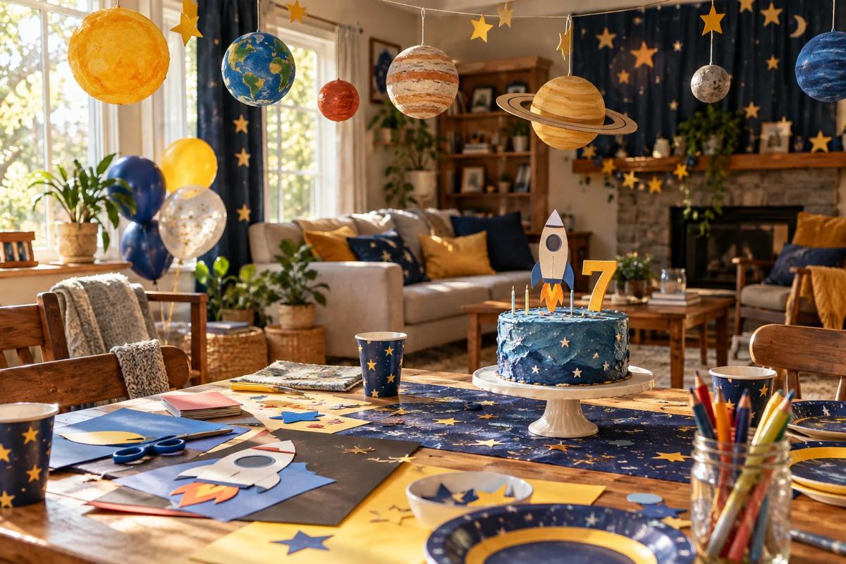 手作りの惑星と紙のロケットを飾った子どもの宇宙テーマの誕生日会