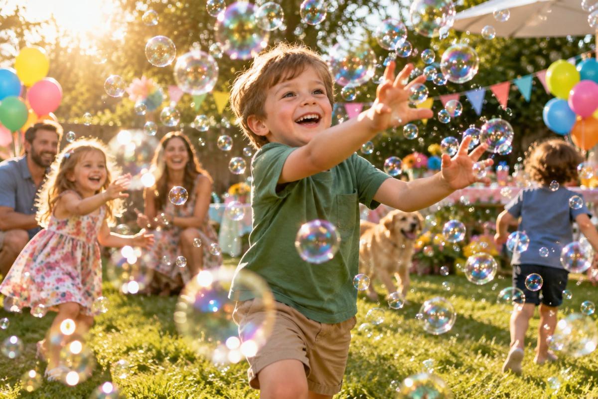 Child laughing among soap bubbles in golden sunlight