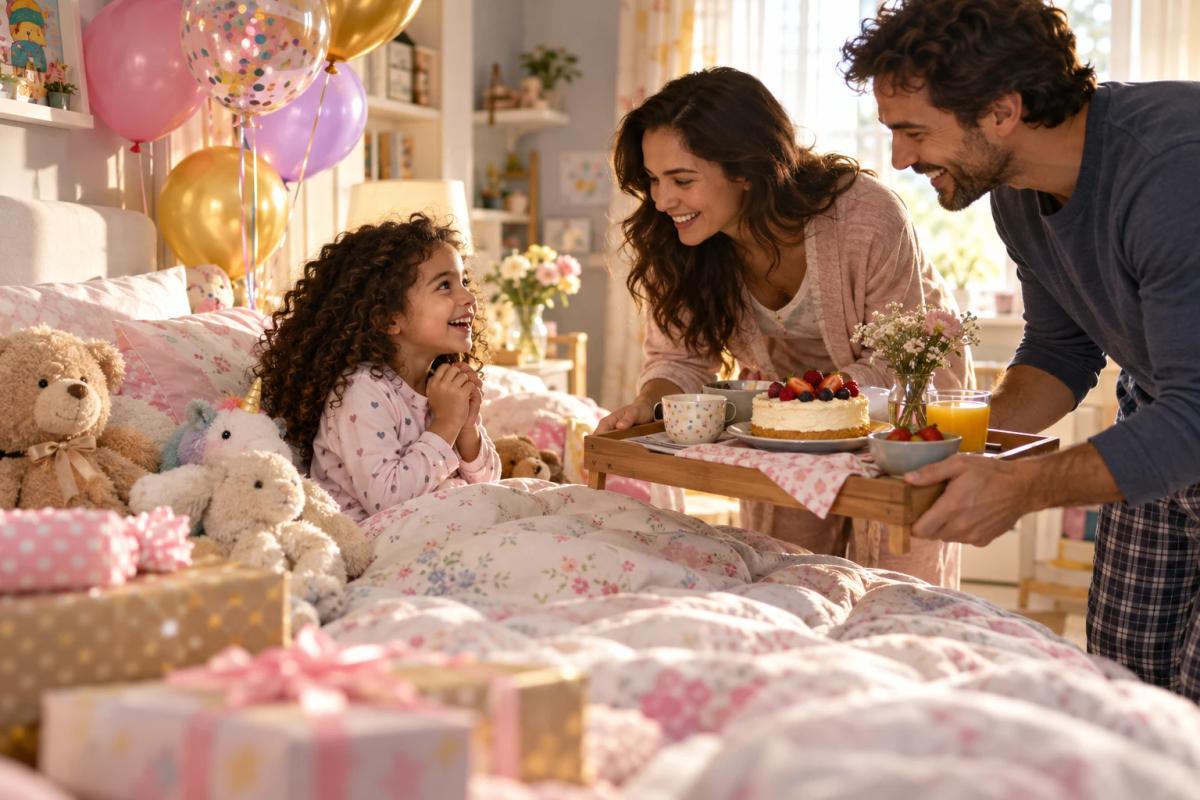 Child waking to a birthday breakfast surprise from parents