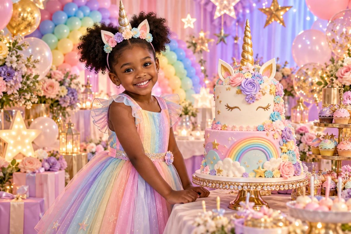 ユニコーンのケーキと虹色の風船で誕生日を祝う女の子