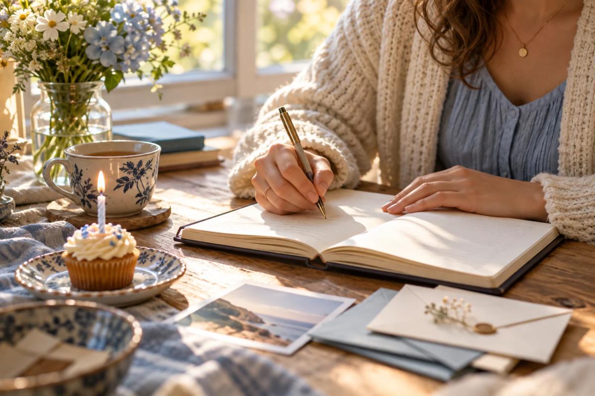 Writing a letter to a future self beside a birthday cupcake and tea