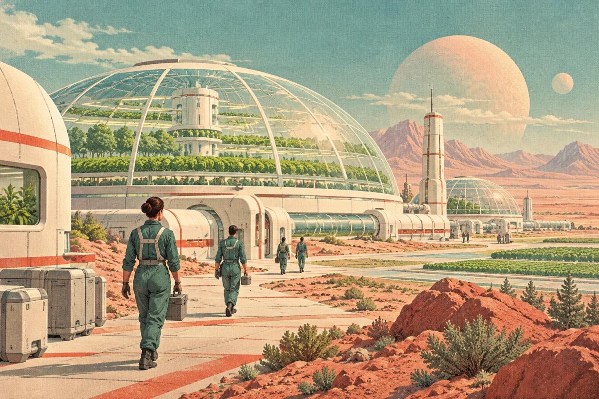 Retro-futurist domed agricultural station on a terraformed plain