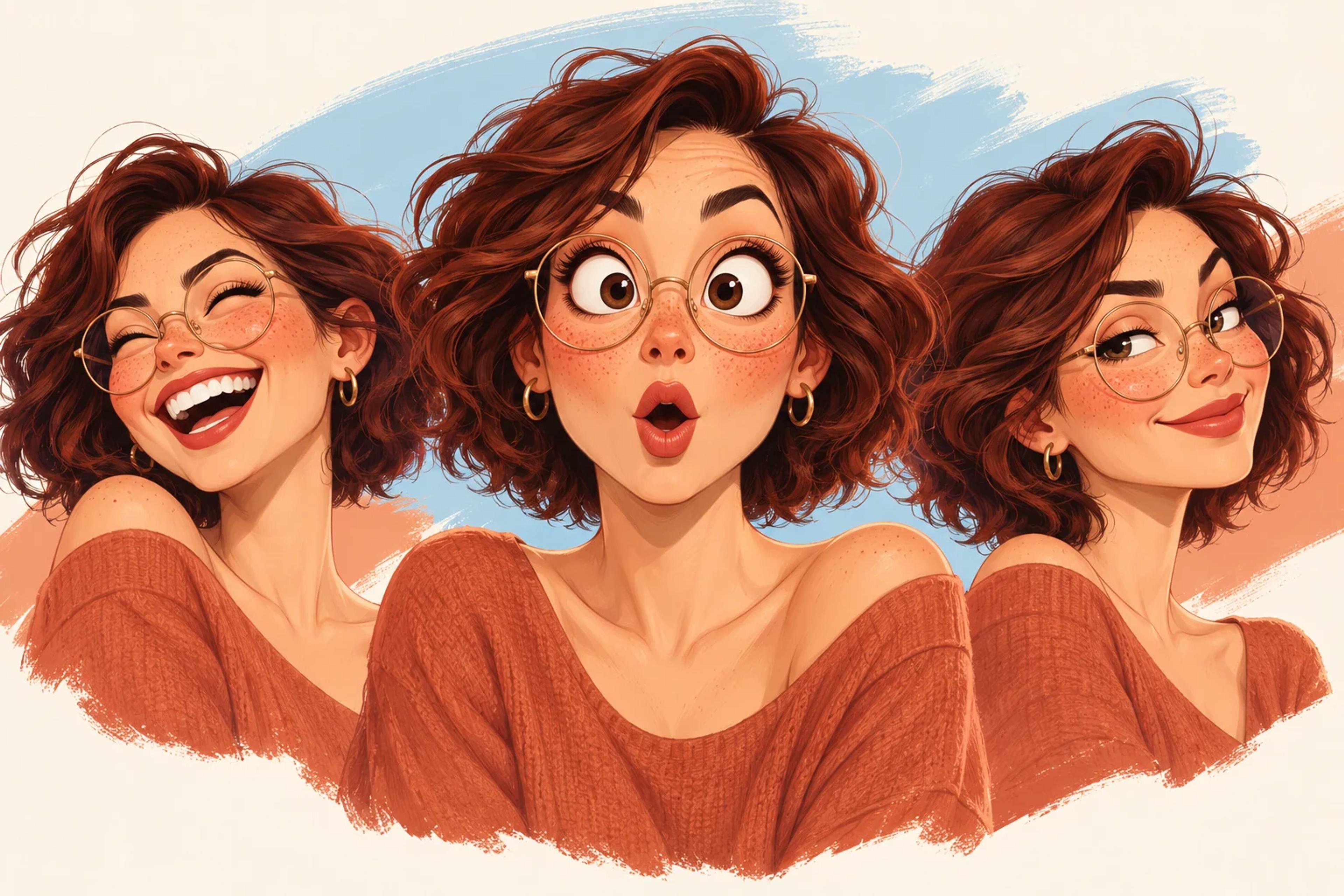 Three caricatures of the same woman showing laughter, surprise and confidence