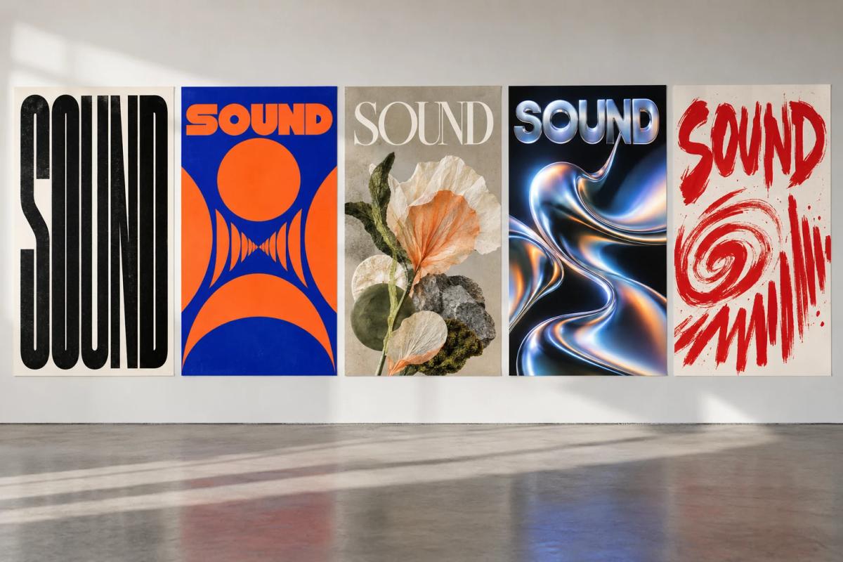 Five contrasting poster concepts exploring different visual directions