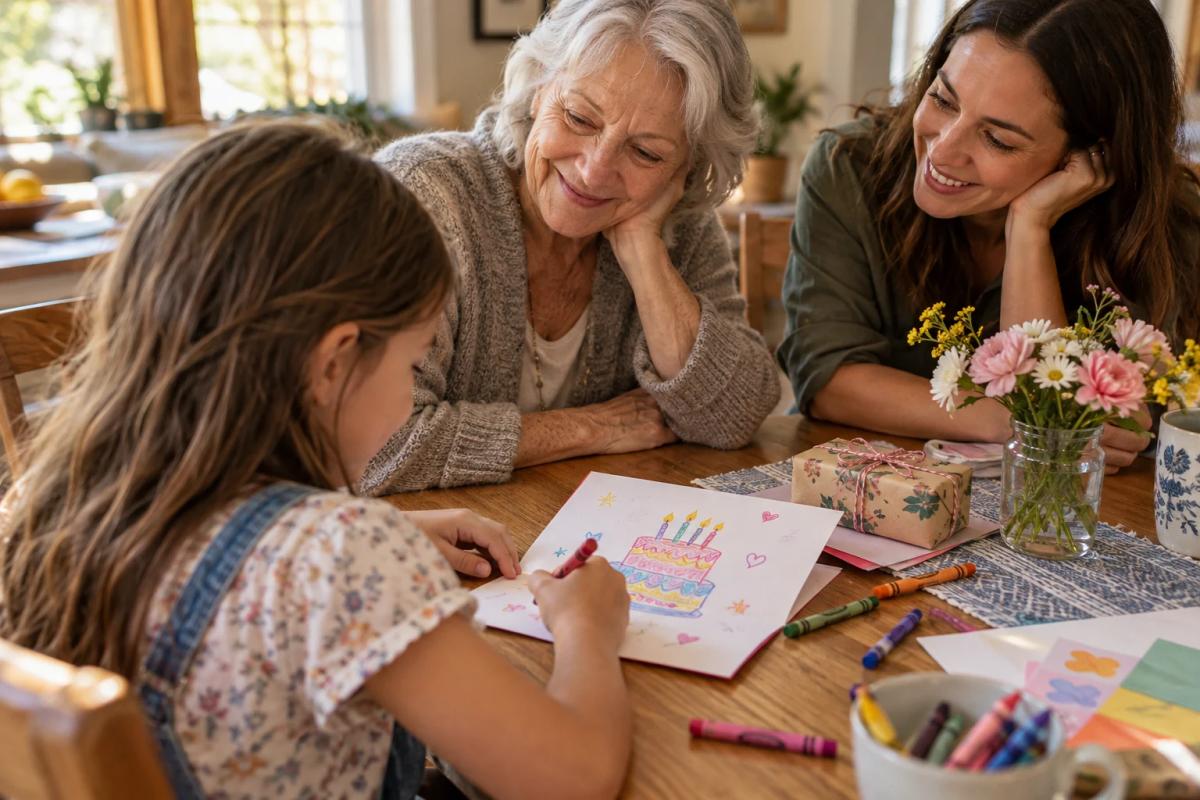 Child making a handmade birthday card for a grandparent with crayons