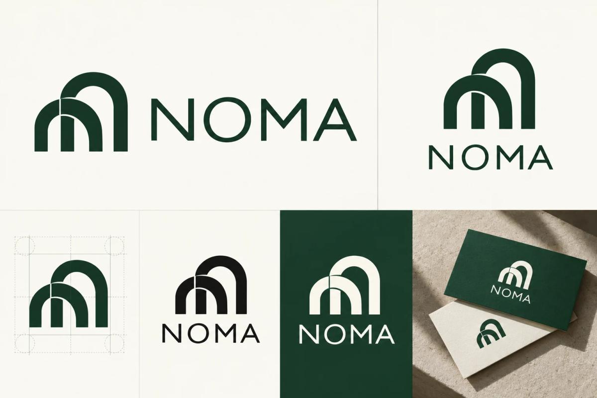 Original NOMA logo system with lockups and stationery applications