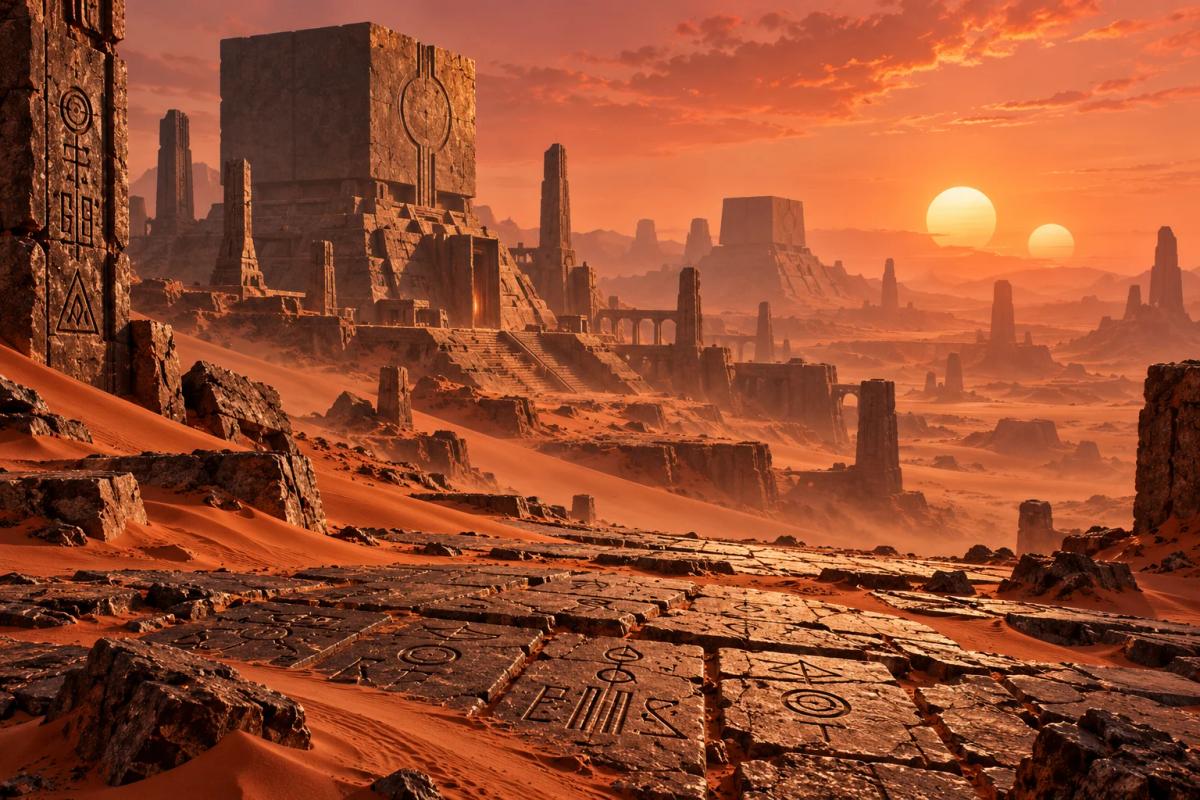 Ancient alien temple beneath twin suns on a red desert planet