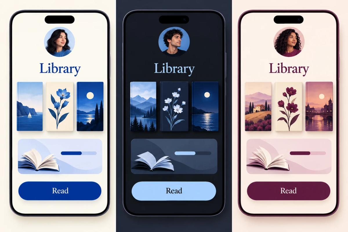 Matching reading app mockups in light, dark and partner themes