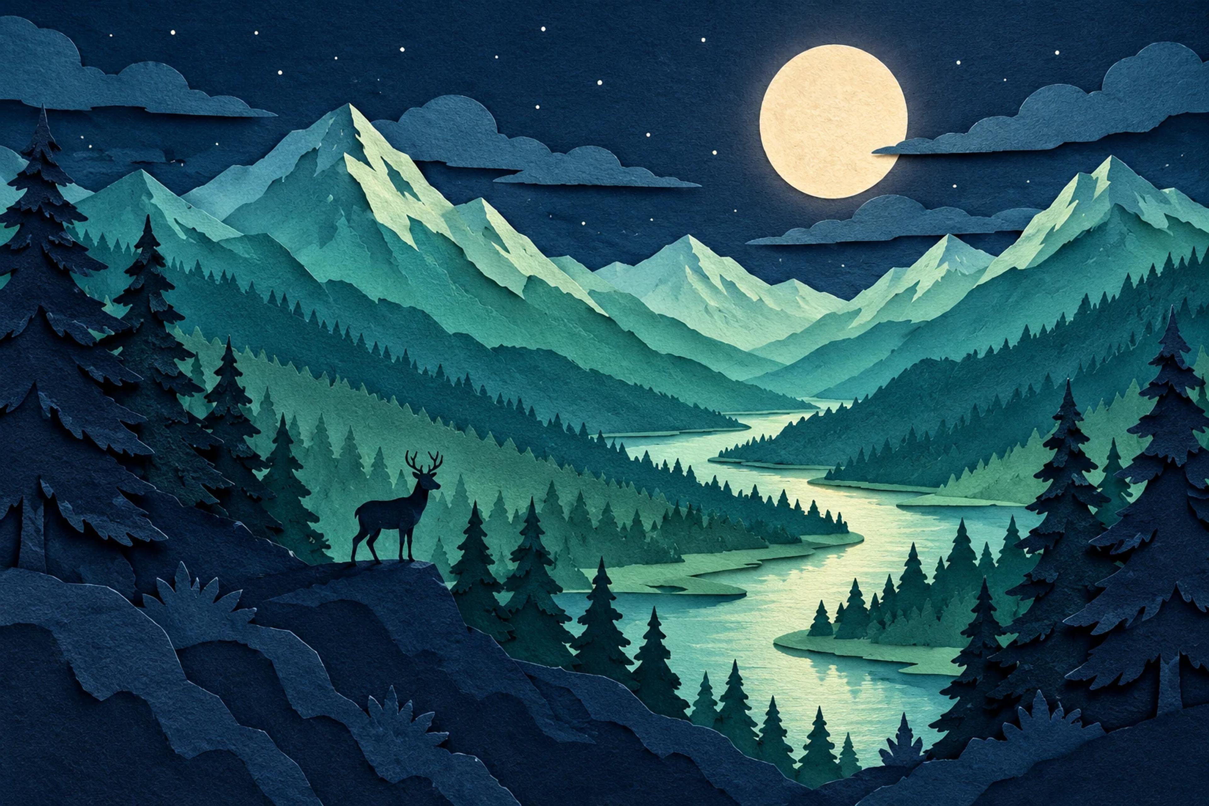 Layered paper-cut mountain valley with a deer and moonlit river